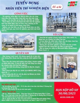 TUYỂN DỤNG 05 NHÂN VIÊN THÍ NGHIỆM ĐIỆN