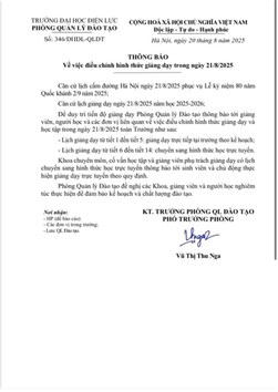 THÔNG BÁO ĐIỀU CHỈNH HÌNH THỨC GIẢNG DẠY NGÀY 21/8/2025