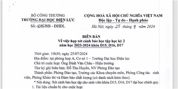 BIÊN BẢN VỀ VIỆC HỌP XÉT CẢNH BÁO HỌC TẬP KỲ 2 NĂM HỌC 2023-2024 khoá D15,D16,D17