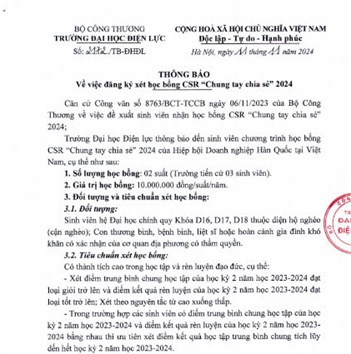 TRƯỜNG ĐẠI HỌC ĐIỆN LỰC THÔNG BÁO VỀ CHƯƠNG TRÌNH HỌC BỔNG CSR "CHUNG TAY CHIA SẺ" NĂM 2024
